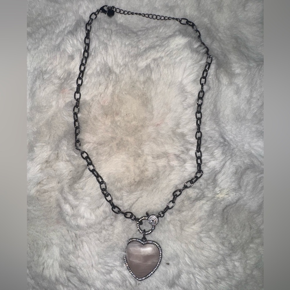 Treasure jewels Heart Quartz Pendant Necklace with Black gunmetal chain